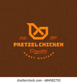 Pretzel Chicken Abstract Vector Retro Sign Symbol or Logo Template. Vintage Typography and Shabby Textured Background. Hen and Bagel Creative Emblem.