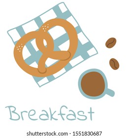 Pretzel and coffee. Hand drawn vector illustration. Breakfast food