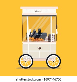 Pretzel with coffee truck - street cafe. Street food kiosk. Small business identity concept. Stock vector flat illustration isolated on light orange background for topics like retail, small business.