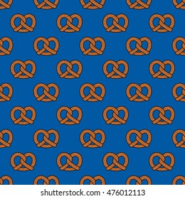 Pretzel cookie baked snack doodle vector seamless pattern isolated wallpaper background  blue