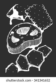 Pretzel and crackers doodles. Hand drawn illustration.