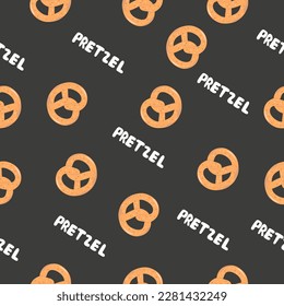 Pretzel, delicious pastries seamless pattern on black background. Traditional German bread with salt