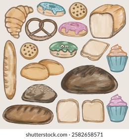 Pretzel, donut, muffin, croissant, chocolate cookie, bread and bread roll, baguette. Vector, isolated, hand draw. Cartoon style, pencil texture.