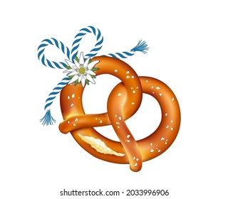 Pretzel with edelweiss and blue-white cord string, 
Vector illustration isolated on white background
