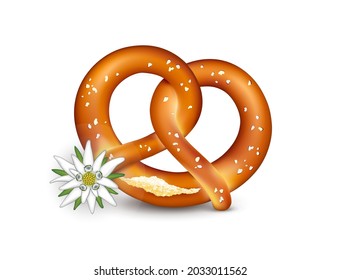 Pretzel with edelweiss, Oktoberfest beer garden food,
Vector illustration isolated on white background
