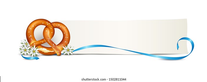 Pretzel with edelweiss and ribbon, Oktoberfest blank banner,
Vector illustration isolated on white background