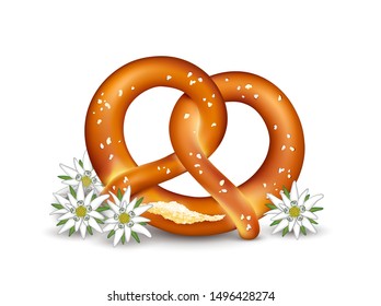 Pretzel with edelweiss,
Traditional german pretzel with salt, 
Oktoberfest card, 
Vector illustration isolated on white background.
