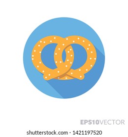 Icono redondo de diseño plano de pretzel. Símbolo de color de pastelería y comida alemana. Ilustración vectorial de sombra larga en un círculo aislado sobre fondo blanco.