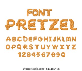 Pretzel font. Food alphabet. Traditional German meal is ABC. Bake snack