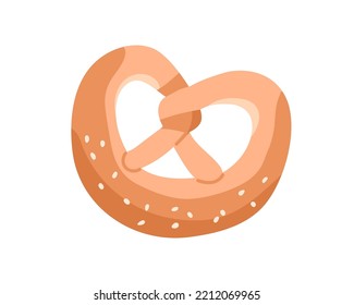 Pretzel, german knotted dough snack with sesame seeds. Bavarian bretzel, baked dessert. Tasty traditional bread food. Flat vector illustration isolated on white background