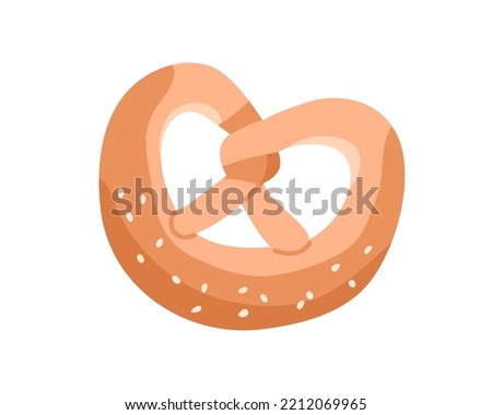 Pretzel, german knotted dough snack with sesame seeds. Bavarian bretzel, baked dessert. Tasty traditional bread food. Flat vector illustration isolated on white background