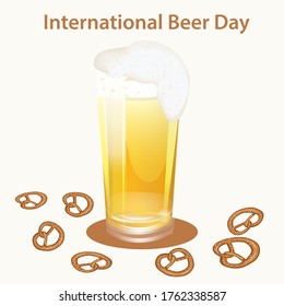 Pretzel, glass of beer with foam - light background - vector. International beer day