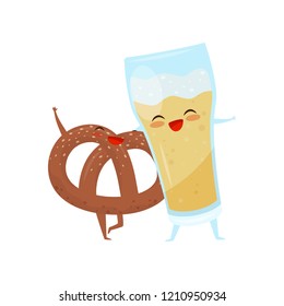 Pretzel and glass of beer are friends forever, fast food menu funny cartoon characters vector Illustration on a white background