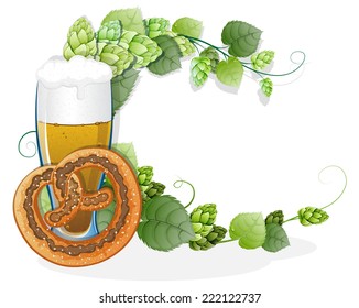 Pretzel and a glass of beer with hop branches on white a background. Abstract  Oktoberfest background