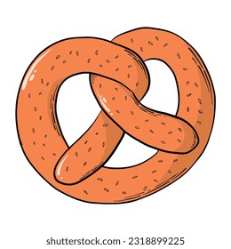 Pretzel hand drawn doodle, isolated cartoon element. Bretzel german traditional bread. Print, sublimation, card, poster, sticker, sign design. EPS 10