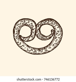 Pretzel,  hand drawn doodle, sketch in pop art style, vector black and white illustration
