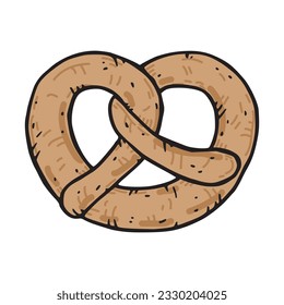 Pretzel hand drawn original bakery product colored outline illustration. Simple salty delicious breakfast pen drawing symbol. Fresh food snack. Pastry bread in a cross shape crunchy and ready for eat.