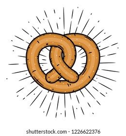 Pretzel. Hand drawn vector illustration with Pretzel and divergent rays. Used for poster, banner, web, t-shirt print, bag print, badges, flyer, logo design and more. 