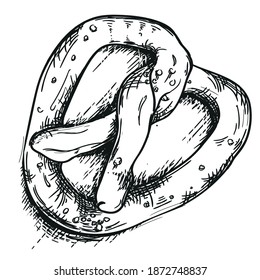 pretzel. Hand-drawn graphics. Black and white vector illustration with shadow