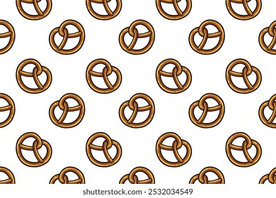 Brezel mit herzförmiger, bunter Musterung auf weißem Hintergrund. doodle Brezel-Backwaren-Symbol nahtloses Muster Hintergrund. Retro Liebe Brezel Form nahtloses Muster für Dekor und Merchandise