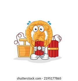 the pretzel holding dynamite character. cartoon mascot vector