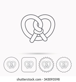 Pretzel icon. Bakery food sign. Traditional bavaria snack symbol. Linear circle, square and star buttons with icons.