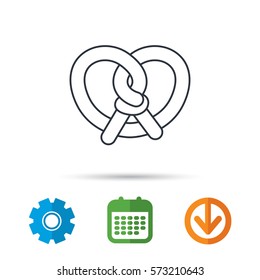 Pretzel icon. Bakery food sign. Traditional bavaria snack symbol. Calendar, cogwheel and download arrow signs. Colored flat web icons. Vector