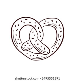 Pretzel icon in line art style. A bakery design product in the shape of a brezel. Vector illustration isolated on a white background.