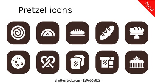  pretzel icon set. 10 filled pretzel icons. Simple modern icons about  - Cinnamon roll, Pastry, Bread, Baguette, Pretzel, Brandenburg gate