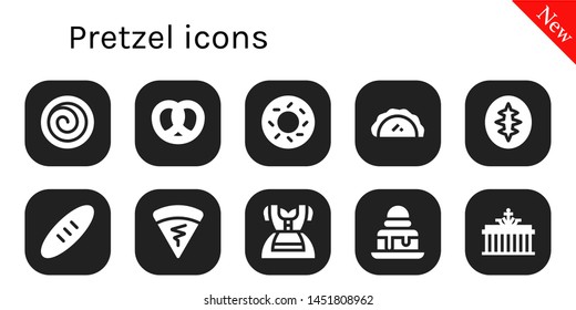 pretzel icon set. 10 filled pretzel icons.  Collection Of - Cinnamon roll, Pretzel, Bagel, Pastry, Sourdough, Bread, Crepe, Dirndl, Brownie, Brandenburg gate