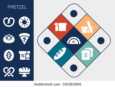 pretzel icon set. 13 filled pretzel icons.  Collection Of - Pastry, Pretzel, Baguette, Sourdough, Bread, Crepe, Bagel