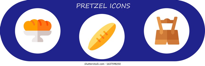pretzel icon set. 3 flat pretzel icons.  Simple modern icons such as: baguette, bread, oktoberfest