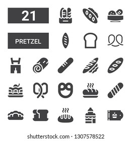 pretzel icon set. Collection of 21 filled pretzel icons included Bakery, Bakery shop, Bread, Baguette, Pretzel, Brownie, Cinnamon roll, Lederhosen