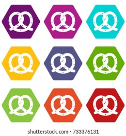 Pretzel icon set many color hexahedron isolated on white vector illustration