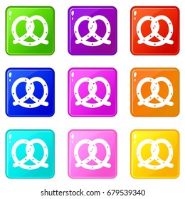 Pretzel icons of 9 color set isolated vector illustration