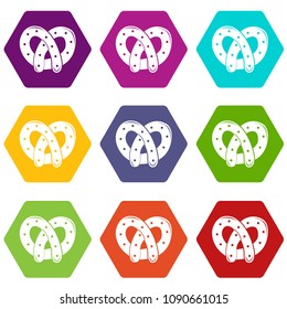 Pretzel icons 9 set coloful isolated on white for web