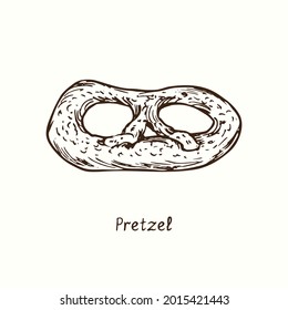 Pretzel. Ink black and white doodle drawing in woodcut style.