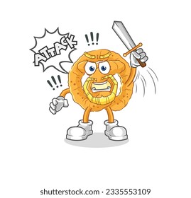 the pretzel knights attack with sword. cartoon mascot vector