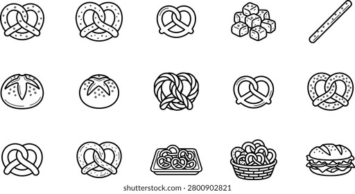 Pretzel Line Art Icons Vector Bakery Snack Soft Salted Twisted Knot Outline Set