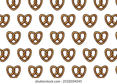 Brezel mit Liebe gestalten buntes Muster auf weißem Hintergrund. doodle Brezel-Backwaren-Symbol nahtloses Muster Hintergrund. Retro Herz Brezel Form nahtloses Muster für Dekor und Merchandise