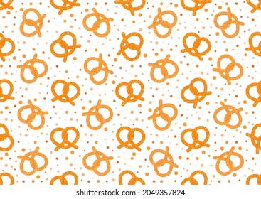 Pretzel octoberfest seamless pattern on white background. Bakery vector textile print illustration. Flat design cartoon style german food seamless texture for web, covers, decoration.