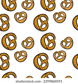 Pretzel Oktoberfest Seamless Pattern. Fresh organic products. Illustration hand-drawn pattern on white. Oktoberfest food. Traditional beer snack. Ideal for textiles, packaging, paper printing, simple 