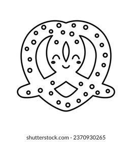 pretzel outline illustration, simple salty delicious breakfast, fresh food snack logo, pastry bread in cross shape crunchy and ready for eat, black and white cartoon pretzel character