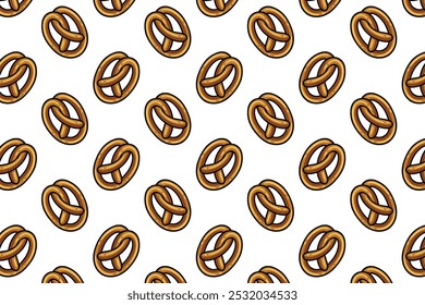 Brezel mit ovaler Form, buntem Muster auf weißem Hintergrund. doodle Brezel-Backwaren-Symbol nahtloses Muster Hintergrund. Retro oval Brezel Form nahtloses Muster für Dekor und Merchandise