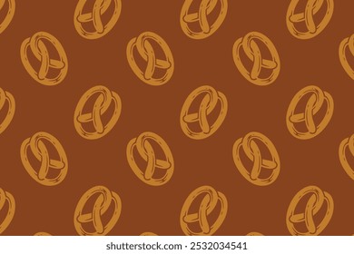 Brezel mit ovalem, flachem Muster auf braunem Hintergrund. doodle Brezel gebackenen Backteig Symbol nahtloses Muster Hintergrund. Retro oval Brezel Form nahtloses Muster für Dekor und Merchandise