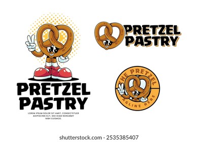 Brezel Konditorei bunte Retro-Cartoon Charakter Maskottchen Illustration mit stehenden Pose und zeigt Ruhe Hand für Snack, Dessert, Restaurant, Backshop Maskottchen und Merchandise