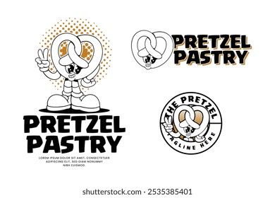 Brezel Konditorei Umriss Retro Cartoon Charakter Maskottchen Illustration mit stehenden Pose und zeigt Ruhe Hand für Snack, Dessert, Restaurant, Backshop Maskottchen und Merchandise