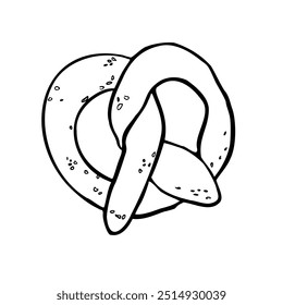 Pretzel with salt black white linear vector illustration isolated. German pastry hand drawn by ink contour. Crisp biscuit baked form of a knot design for beer festival, menu, packaging, cookbook.