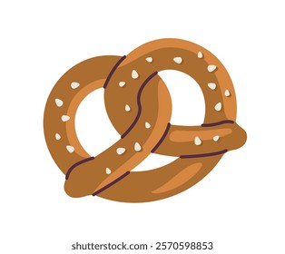 Pretzel with salt grains depicted in cartoon style, brown and golden hues, on a white background. Concept of baked goods, snacks, and traditional food. Vector illustration