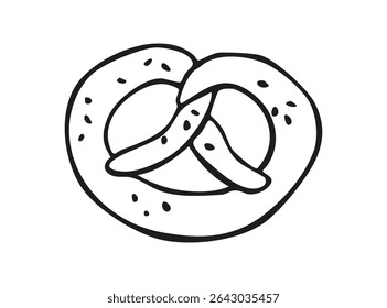 Pretzel with salt in simple black outline style. Hand-drawn bakery icon isolated on white background